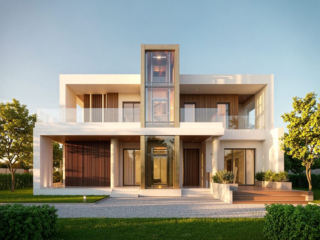 Modern courtyard villa exterior with an integrated glass elevator shaft