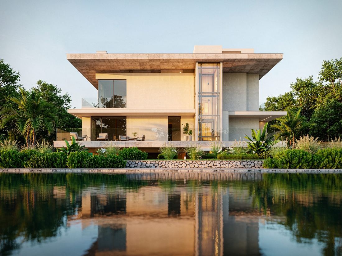 Lakeside contemporary villa exterior with a home elevator tower