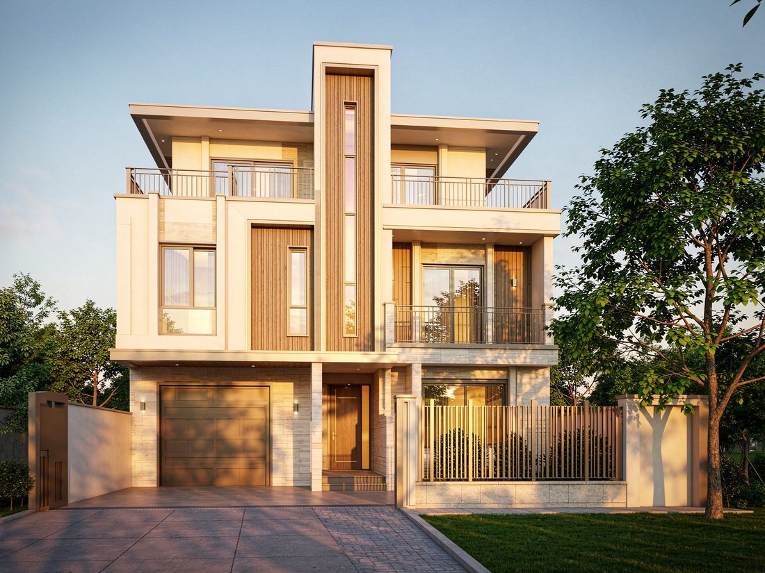 Stone and timber villa exterior with an integrated elevator shaft