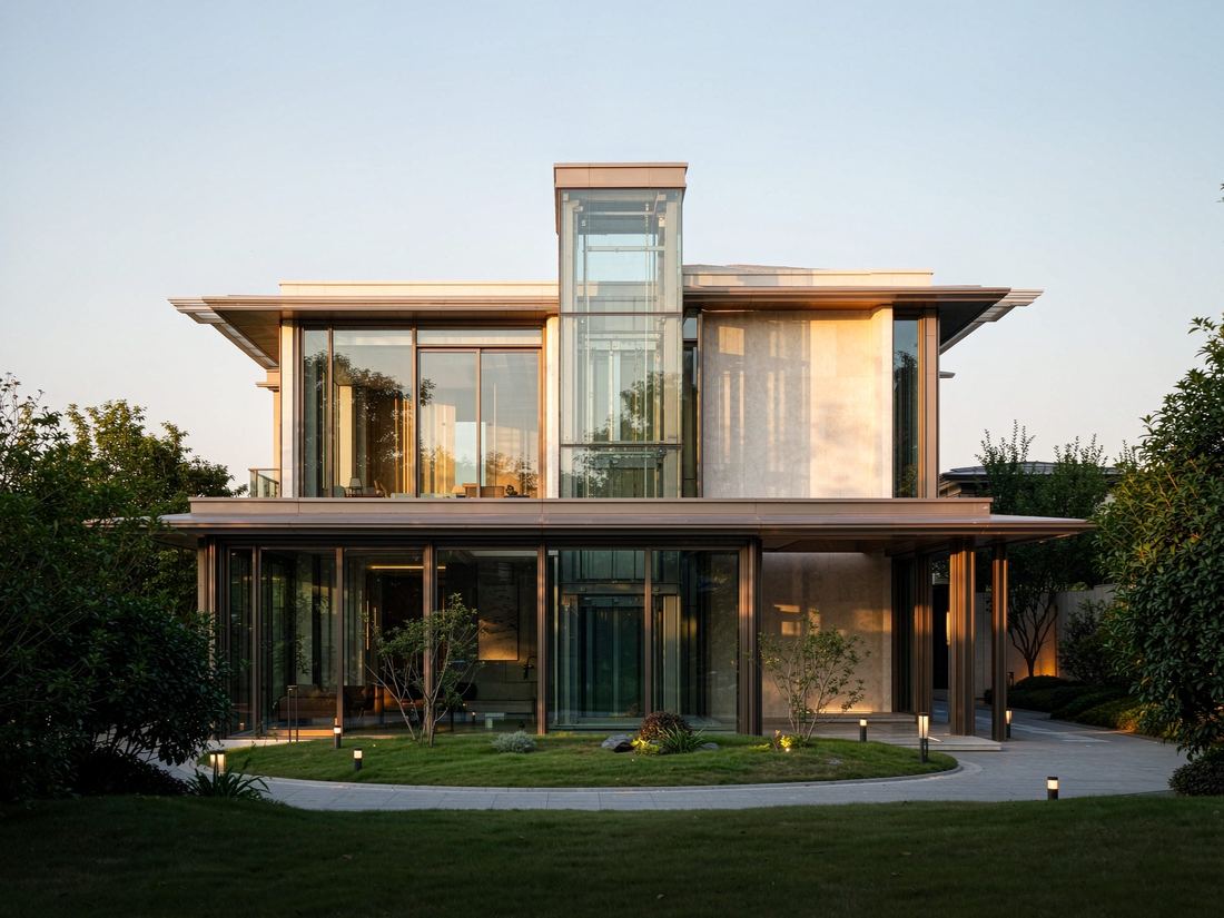 Glass pavilion-style villa exterior with a home elevator