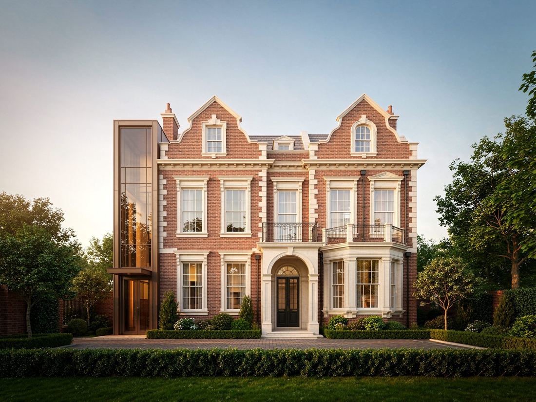 Brick heritage-style villa exterior with a home elevator tower
