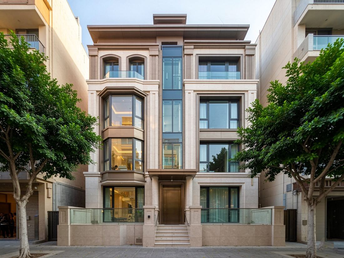 Urban townhouse exterior with a compact home elevator shaft