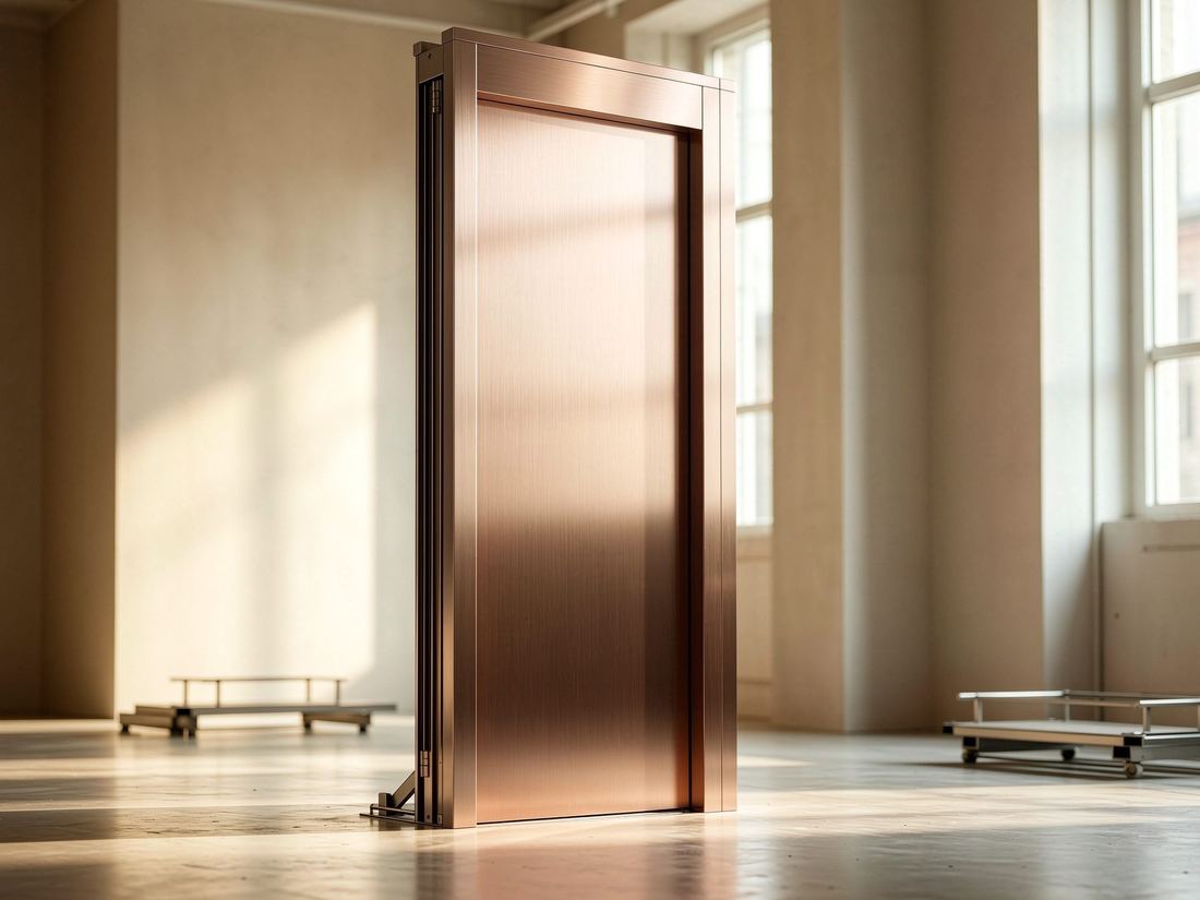 Rose-gold brushed steel elevator door panel standing in a workshop