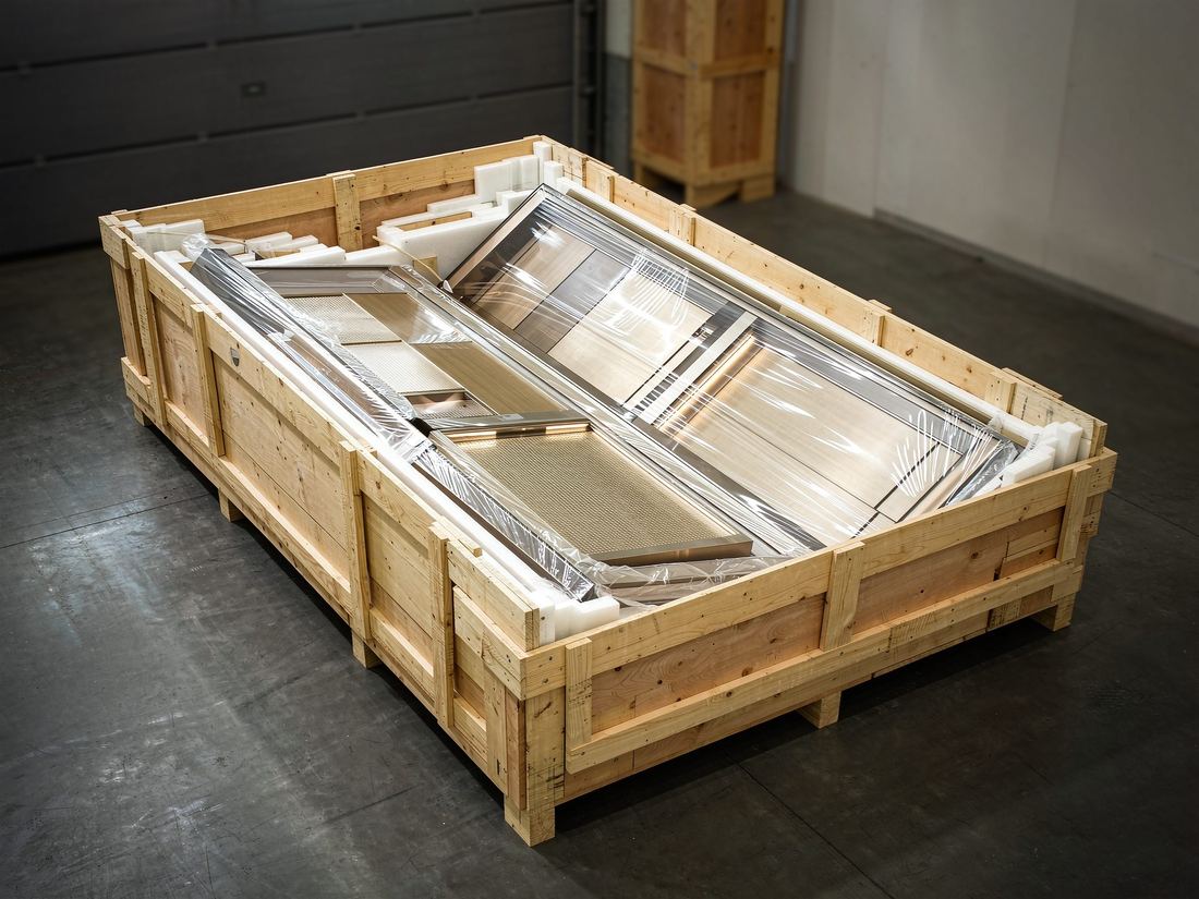 Elevator decoration components wrapped and packed into a wooden export crate
