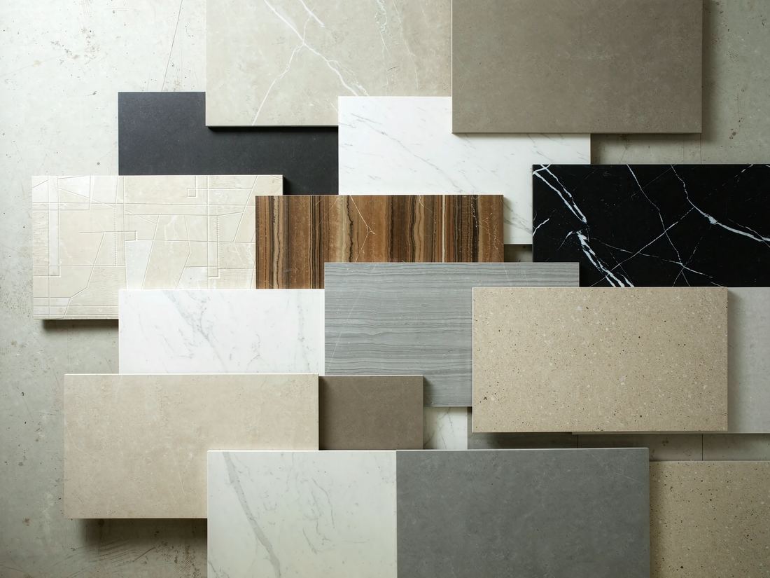 Sintered stone and inlaid marble elevator flooring tile samples