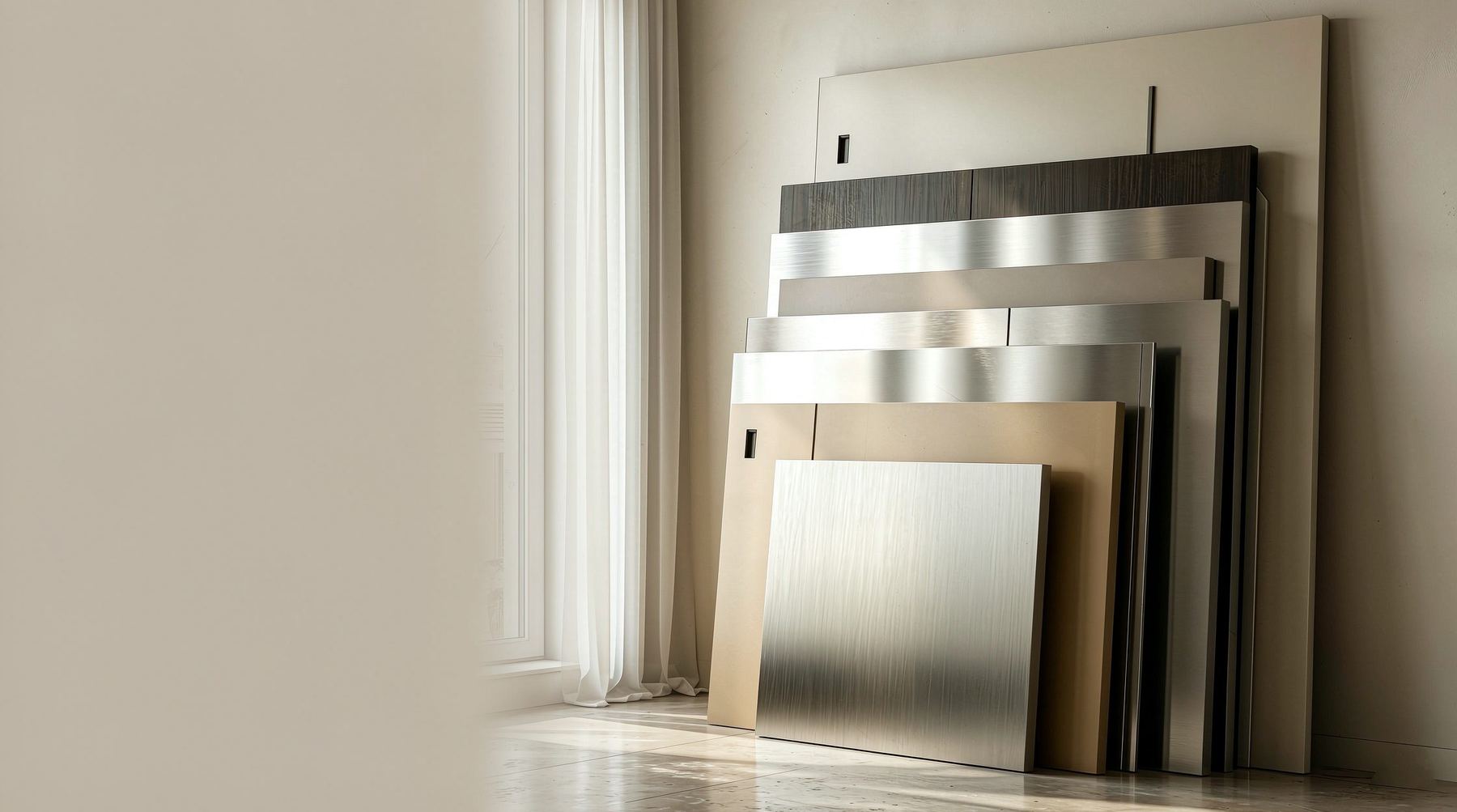 Stacked brushed stainless steel and champagne-gold elevator cabin wall panels in a workshop