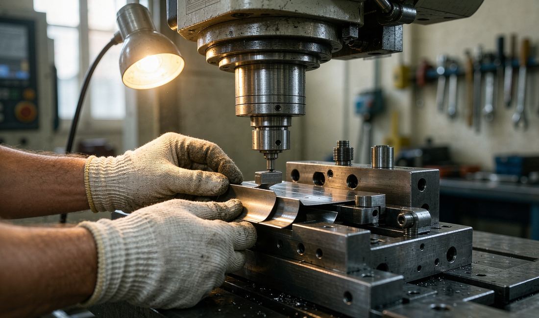 Hands operating precision sheet-metal forming machinery in the workshop