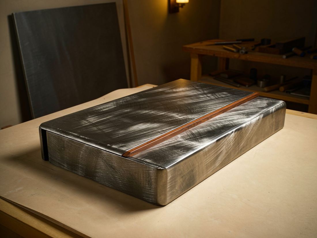 Brushed black-titanium elevator cabin wall panel on a workshop bench