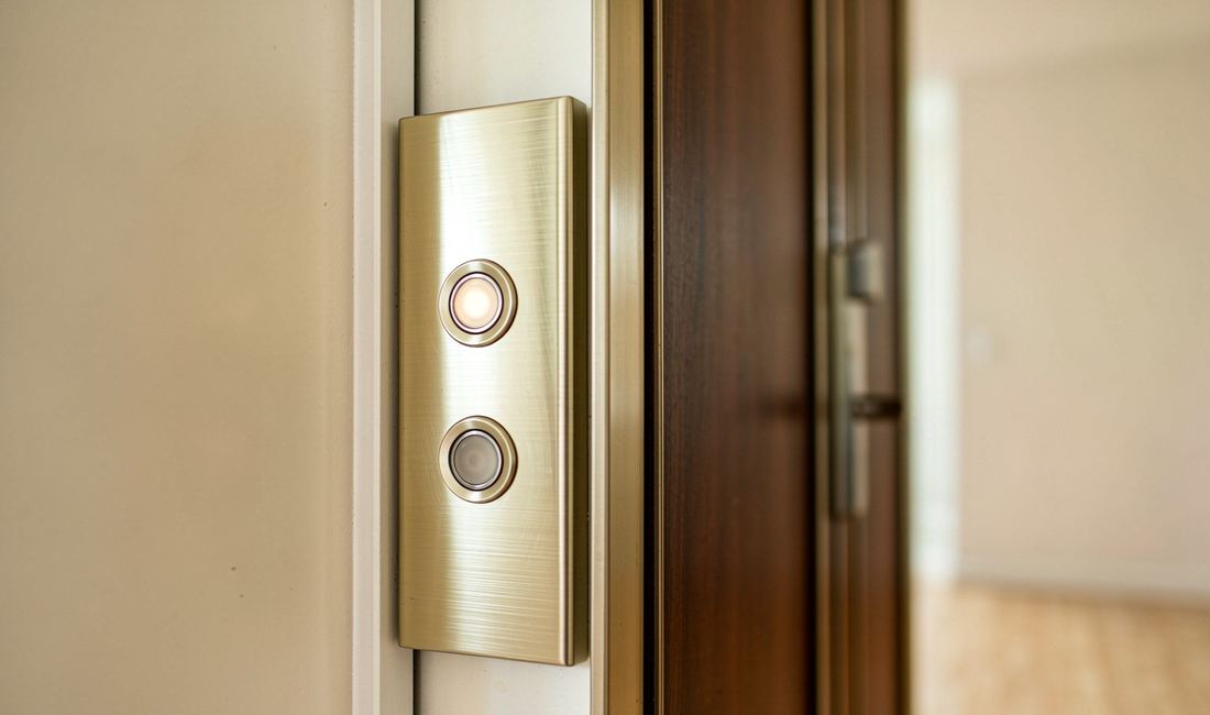 Champagne-gold elevator call button panel mounted beside a set of double doors