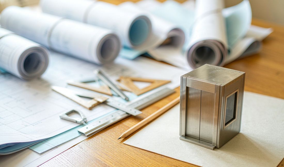 Architectural drawings, a pencil and a small elevator model on a desk