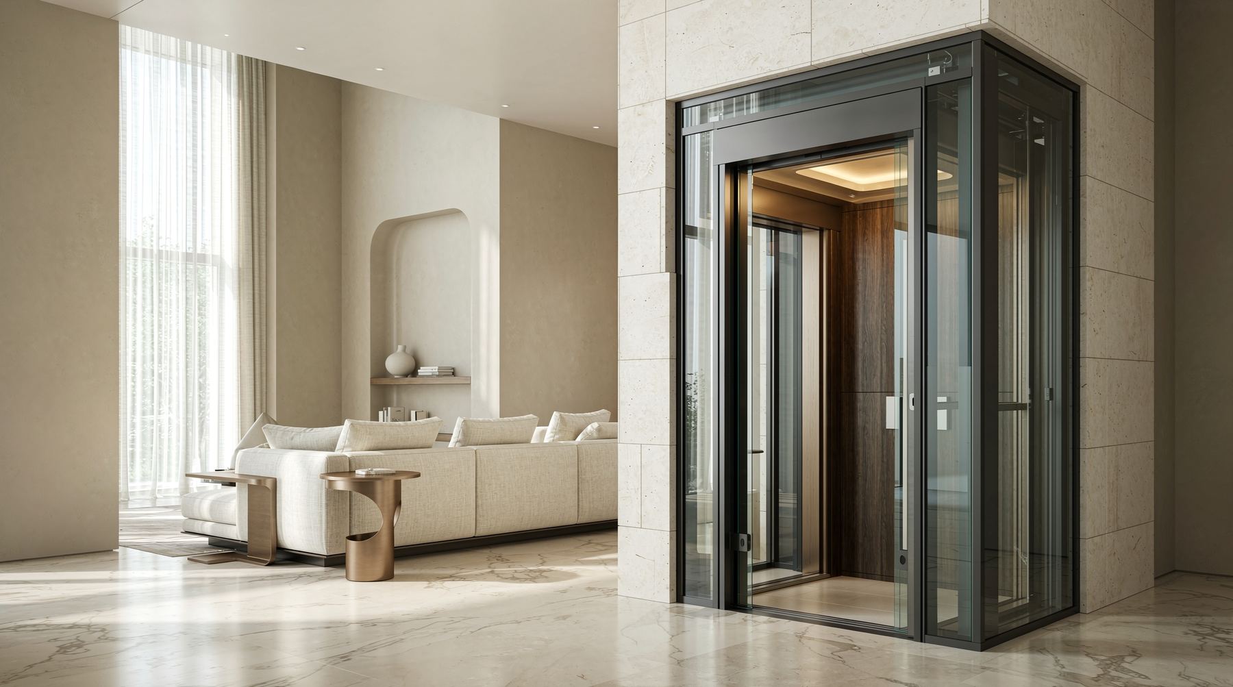 Bronze villa elevator in a bright, modern living space