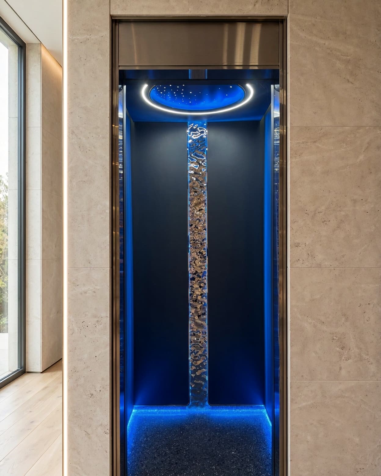 Finished cabin with a starry LED ceiling, a crystal-textured column and a blue-lit floor