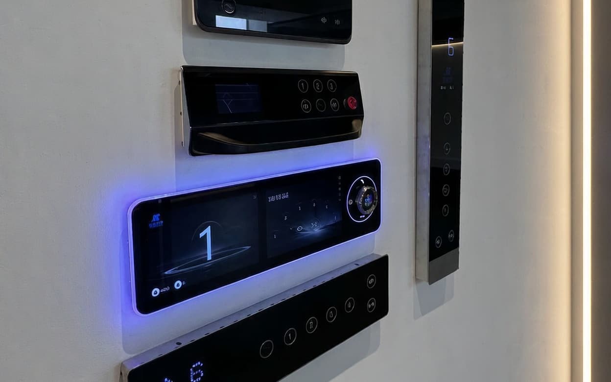 SINNVO touchscreen landing and car call panels on a light display wall