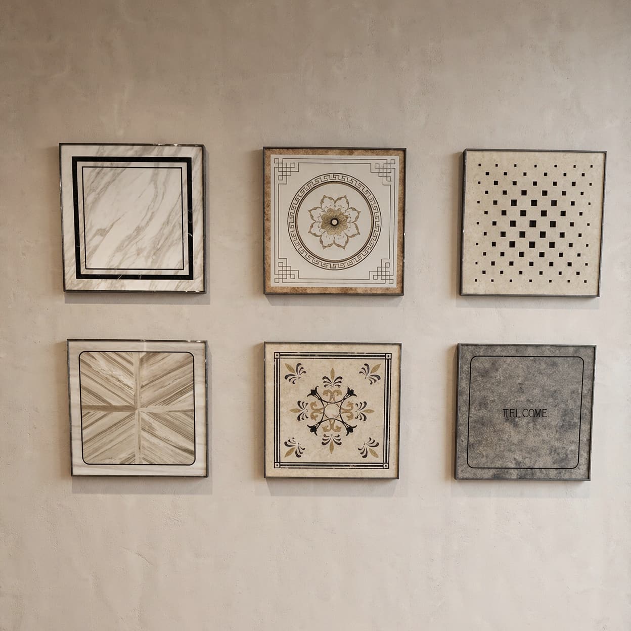Six finished decorative cabin panels on a showroom wall: veined stone, a medallion inlay, a herringbone wood pattern and a floral motif
