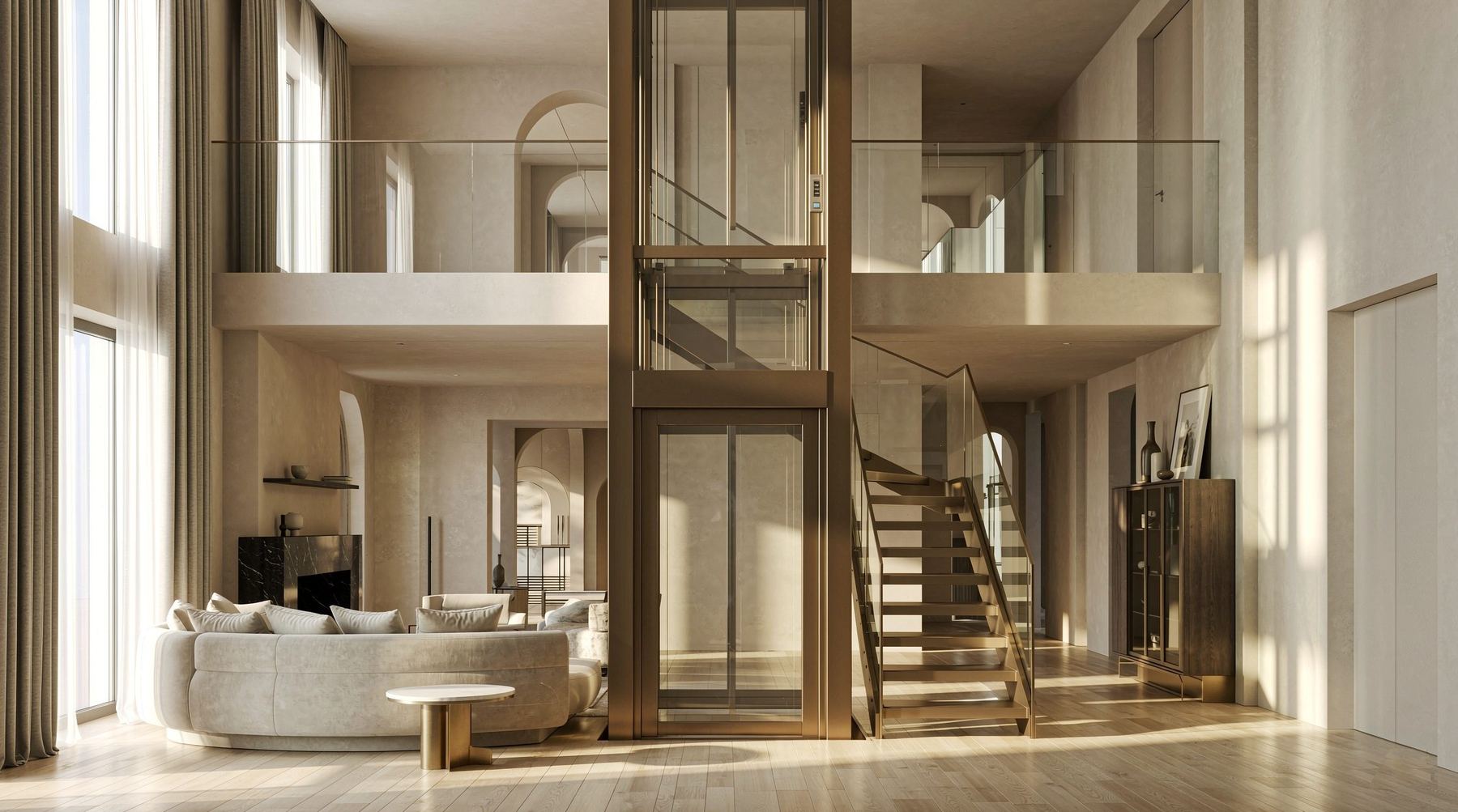Double-height villa living room with an integrated glass and brass home elevator
